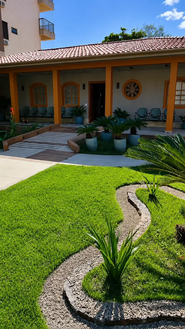 Jardim da Clínica Longevidade com grama, canteiro de pedras e plantas em frente à varanda de colunas amarelas
